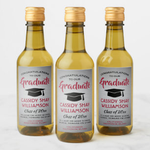 Graduation Party Brushed Gray Red and Black Mini Wine Label