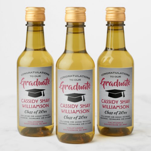 Graduation Party Brushed Gray Red and Black Mini Wine Label