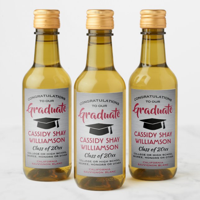 Graduation Party Brushed Gray Red and Black Mini Wine Label (Bottles)