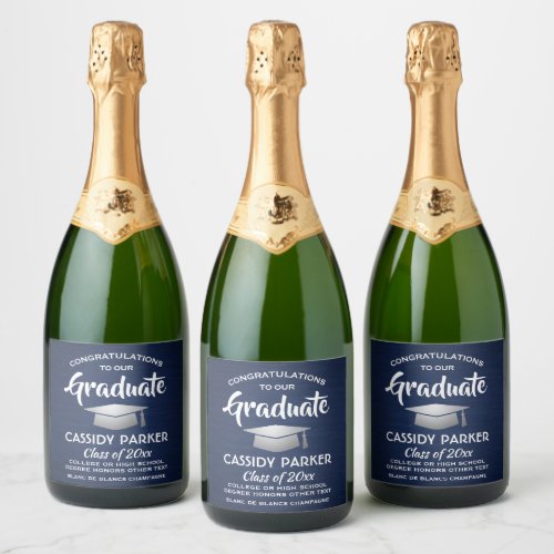 Graduation Party Brushed Navy Blue White  Silver Sparkling Wine Label
