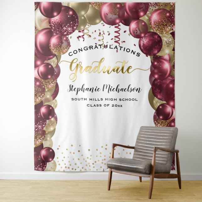 Graduation Party Burgundy Gold Balloons Streamers Tapestry (In Situ)
