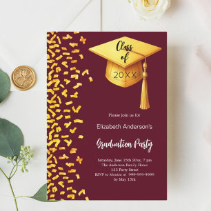 Graduation party burgundy gold confetti invitation
