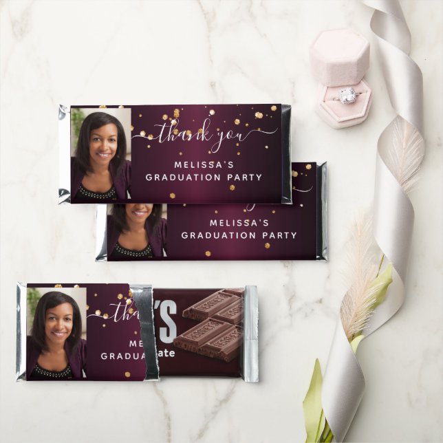 Graduation party burgundy gold photo script hershey bar favors (Front)