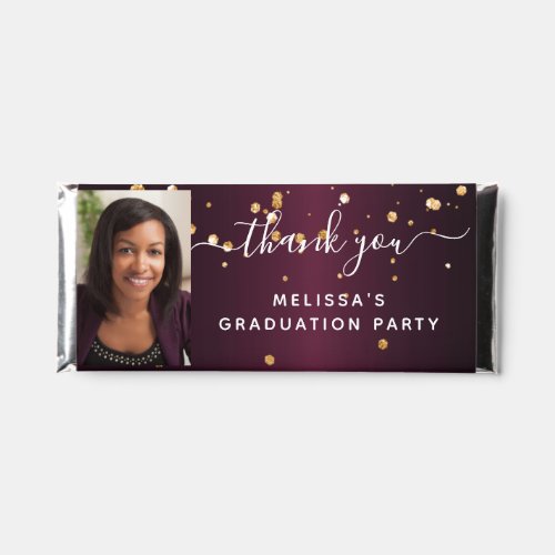 Graduation party burgundy gold photo script hershey bar favors