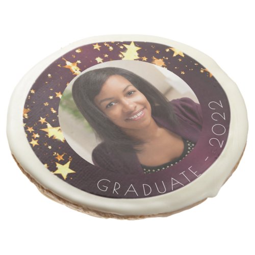 Graduation party burgundy gold stars photo sugar cookie