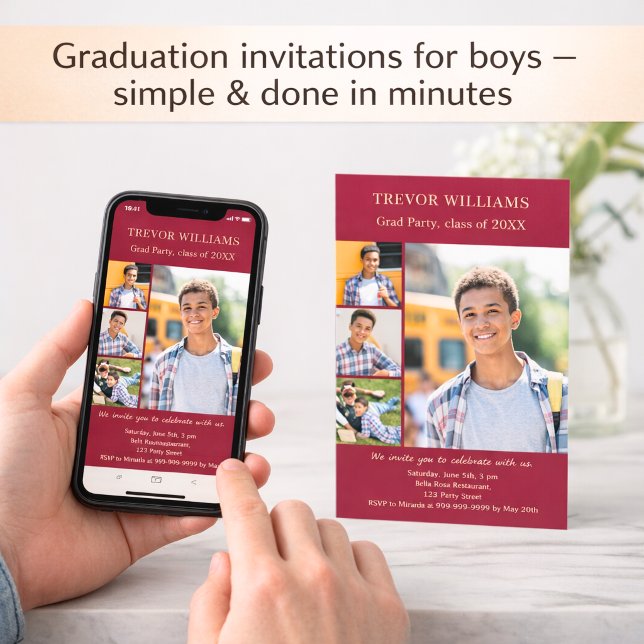 Graduation party burgundy photo collage invitation (Creator Uploaded)