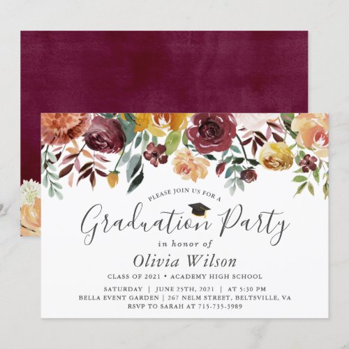 Graduation Party Burgundy Red Orange Floral Invitation