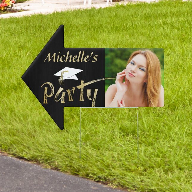 Graduation Party Cap Brush Stroke Photo Black Gold Sign (Creator Uploaded)