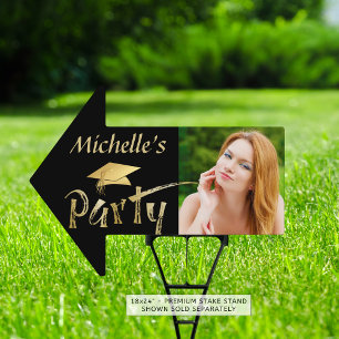 Graduation Party Cap Brushstroke Photo Black Gold Sign