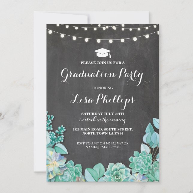 Graduation Party Chalk Succulents Floral Invite (Front)