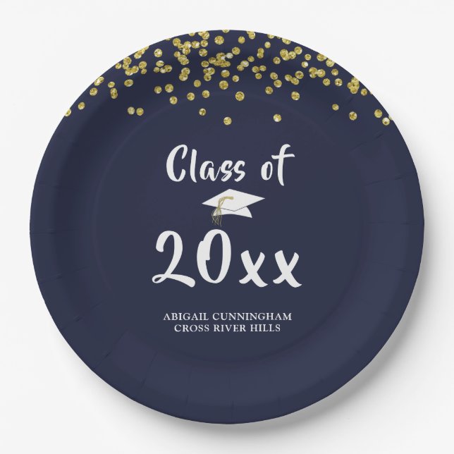 Graduation Party CLASS OF Navy Gold Glitter Paper Plates (Front)