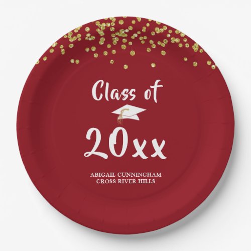Graduation Party CLASS OF Red Gold Glitter Paper Plates