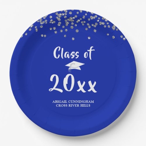 Graduation Party Class Royal Blue Silver Confetti Paper Plates