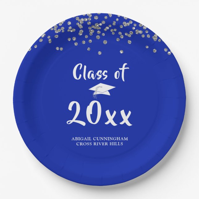 Graduation Party Class Royal Blue Silver Confetti Paper Plates (Front)