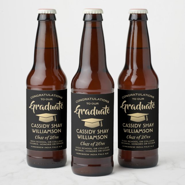 Graduation Party Congrats Black and Gold Elegant Beer Bottle Label (Bottles)