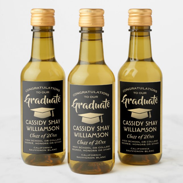 Graduation Party Congrats Black Gold Elegant Mini Wine Label (Bottles)