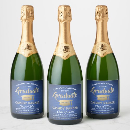 Graduation Party Congrats Blue Gold White Elegant Sparkling Wine Label