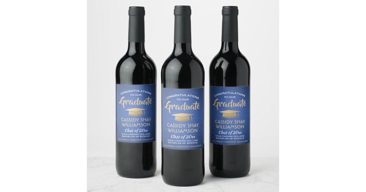 Graduation Party Congrats Brushed Blue Gold White Wine Label