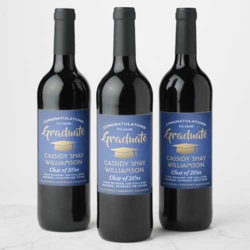 Graduation Party Congrats Brushed Blue Gold White Wine Label