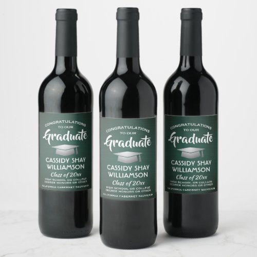 Graduation Party Congrats Brushed Dark Green White Wine Label