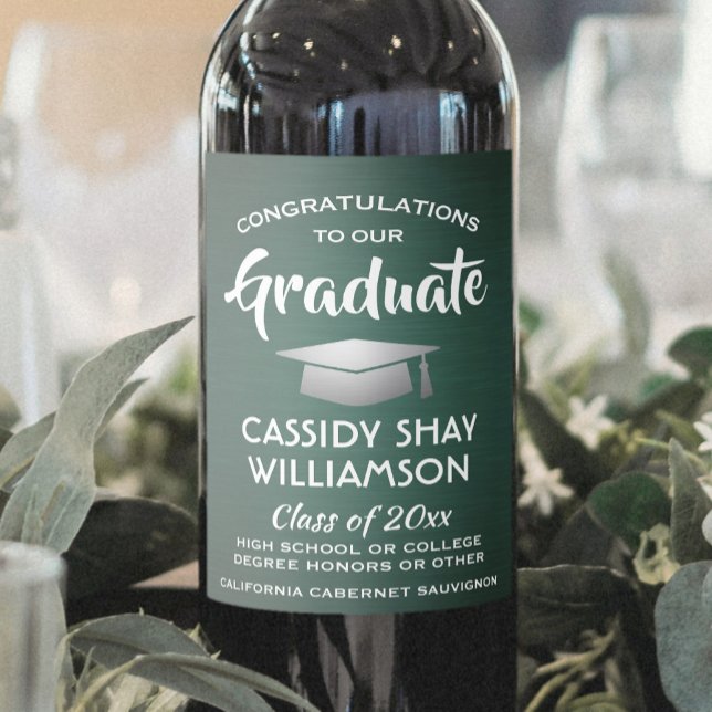 Graduation Party Congrats Brushed Dark Green White Wine Label (Creator Uploaded)