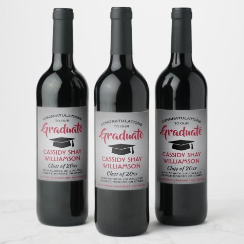 Graduation Party Congrats Brushed Gray Red  Black Wine Label