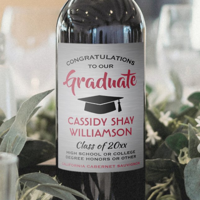 Graduation Party Congrats Brushed Gray Red & Black Wine Label (Creator Uploaded)