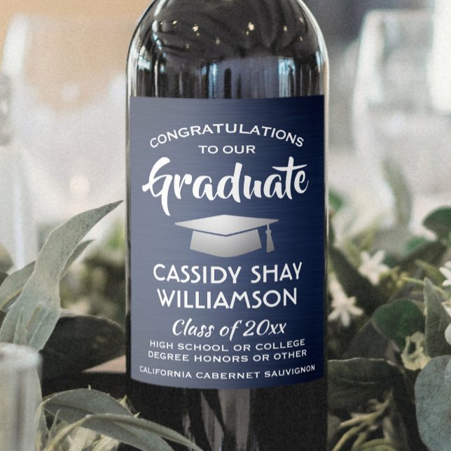 Graduation Party Congrats Brushed Navy Blue White Wine Label (Creator Uploaded)