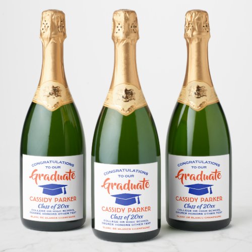 Graduation Party Congrats Elegant Orange and Blue Sparkling Wine Label