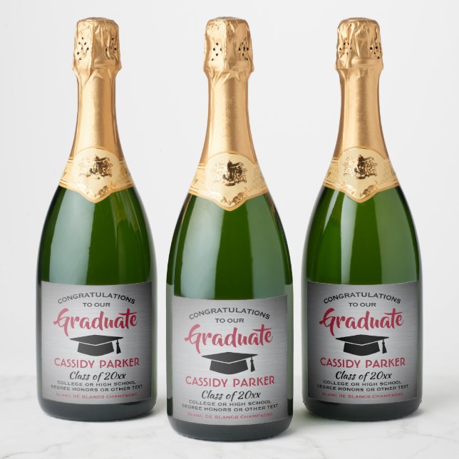 Graduation Party Congrats Elegant Red Gray & Black Sparkling Wine Label (Bottles)