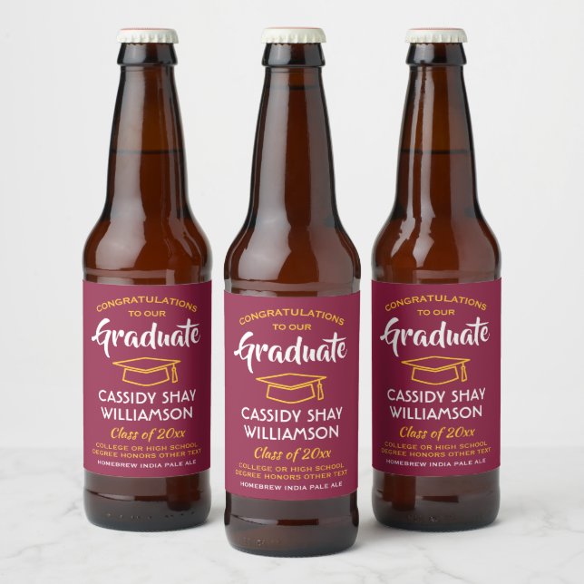 Graduation Party Congrats Maroon Red Gold Yellow Beer Bottle Label (Bottles)
