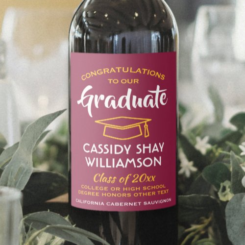 Graduation Party Congrats Maroon Red Gold Yellow Wine Label