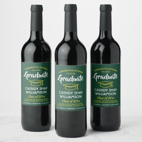 Graduation Party Congrats Modern Green Gold Yellow Wine Label