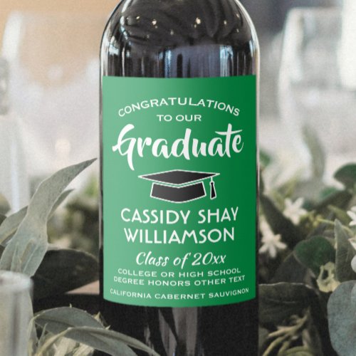 Graduation Party Congrats Modern Green White Black Wine Label