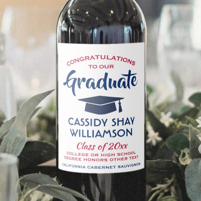 Graduation Party Congrats Modern Red White & Blue Wine Label (Creator Uploaded)