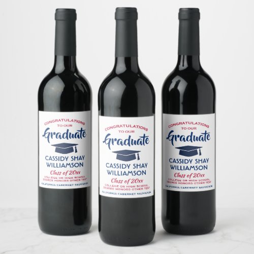 Graduation Party Congrats Modern Red White  Blue Wine Label