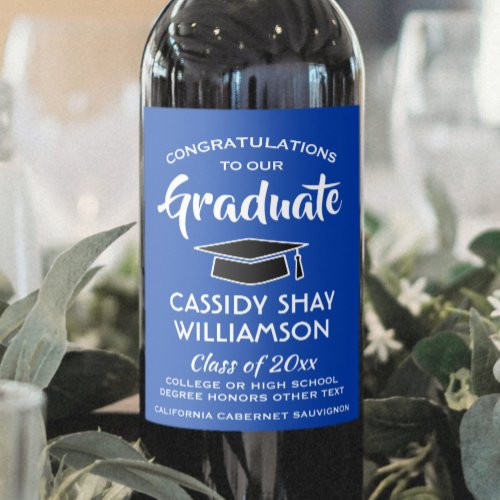 Graduation Party Congrats Modern Royal Blue White Wine Label