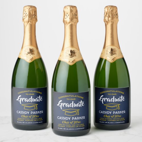 Graduation Party Congrats Navy Blue Gold Yellow Sparkling Wine Label