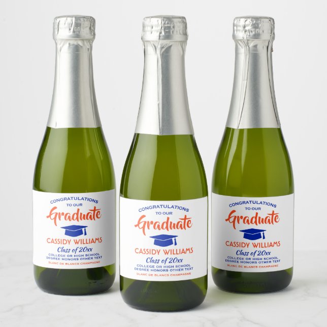 Graduation Party Congrats Orange & Blue Mini Split Sparkling Wine Label (Bottles)