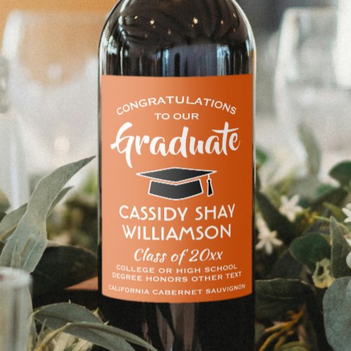 Graduation Party Congrats Orange White and Black Wine Label