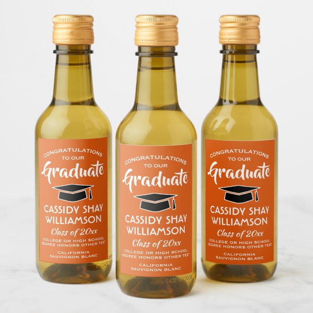 Graduation Party Congrats Orange White Black Mini Wine Label (Bottles)