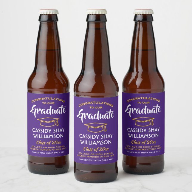 Graduation Party Congrats Purple Gold Yellow Beer Bottle Label (Bottles)