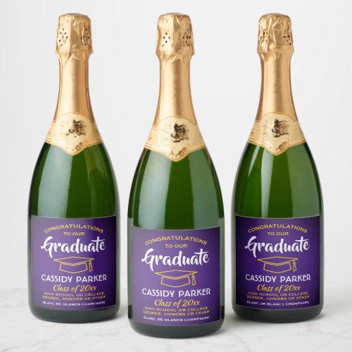 Graduation Party Congrats Purple Gold Yellow White Sparkling Wine Label