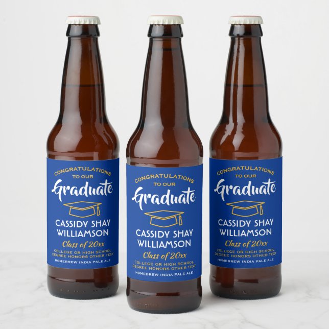 Graduation Party Congrats Royal Blue Gold Yellow Beer Bottle Label (Bottles)