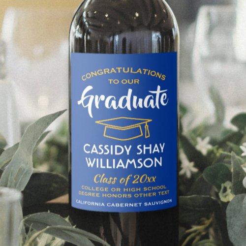 Graduation Party Congrats Royal Blue Gold Yellow Wine Label