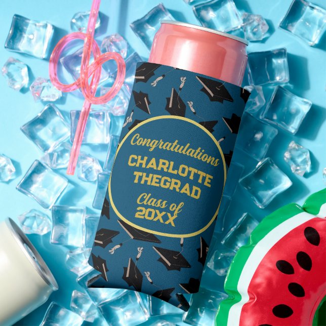 Graduation Party Congratulations Blue and Gold Seltzer Can Cooler (In Situ Summer)