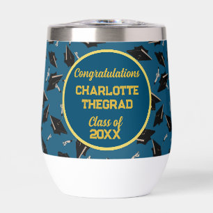 Graduation Party Congratulations Blue and Gold Thermal Wine Tumbler