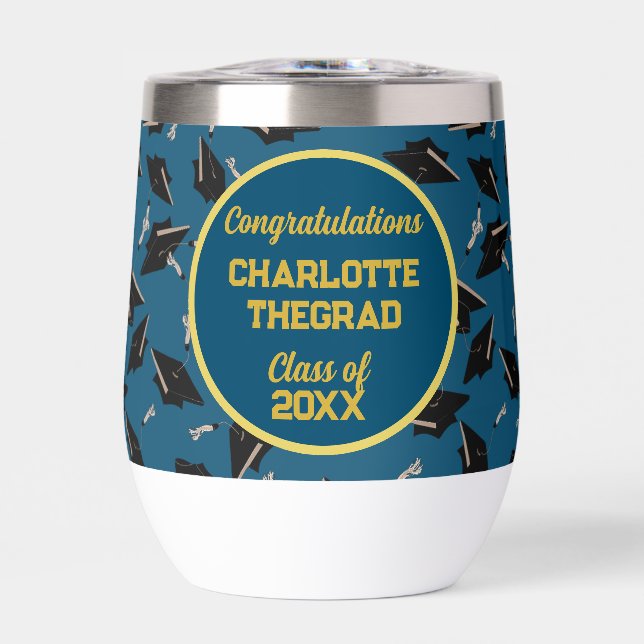 Graduation Party Congratulations Blue and Gold Thermal Wine Tumbler (Front)