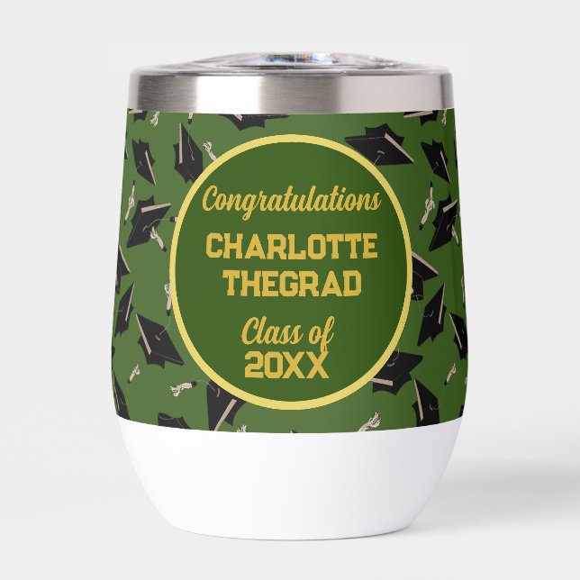 Graduation Party Congratulations Green and Gold Thermal Wine Tumbler (Front)