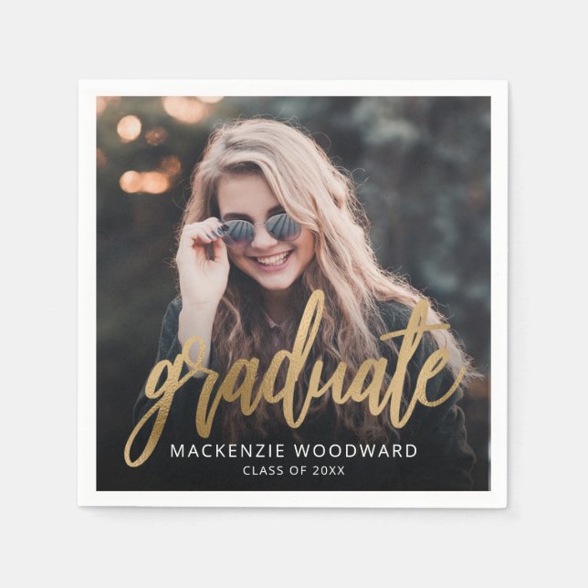 Graduation Party Custom Photo Gold Script Napkins (Front)